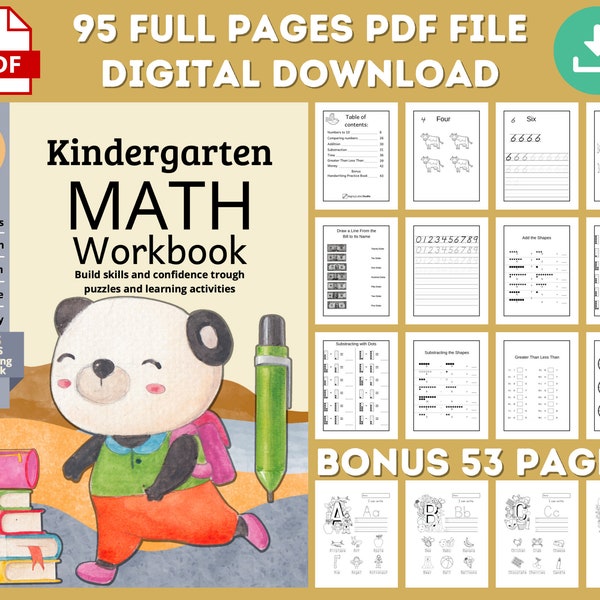 Kindergarten Math Workbook | 95 Pages | Bonus Handwriting Practice Book | DIGITAL DOWNLOAD |