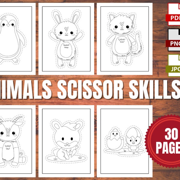 Cute Animals Scissor Skill | DIGITAL DOWNLOAD | Coloring Pages for Kids Boys and Girls - 30 Printable Pages - Cute Animals Cutting Practice