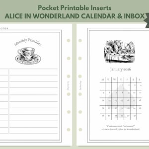 May include: A digital download of printable pocket inserts featuring an Alice in Wonderland theme. The left page has a section for monthly priorities with a teacup illustration. The right page displays a January 2026 calendar with a scene from the story.