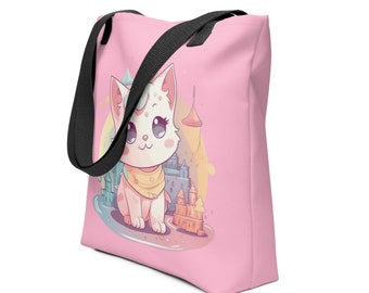 May include: Pink tote bag with a white cat wearing a yellow scarf and a crown. The cat is standing in front of a pink castle with a blue roof. The bag has black straps.