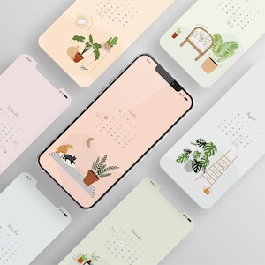 Sfondo del telefono con calendario 2025 / Piante da appartamento boho, lune piene / Schermate di blocco / iPhone, Android, iPad, Tablet / Arte digitale / Arte dello schermo
