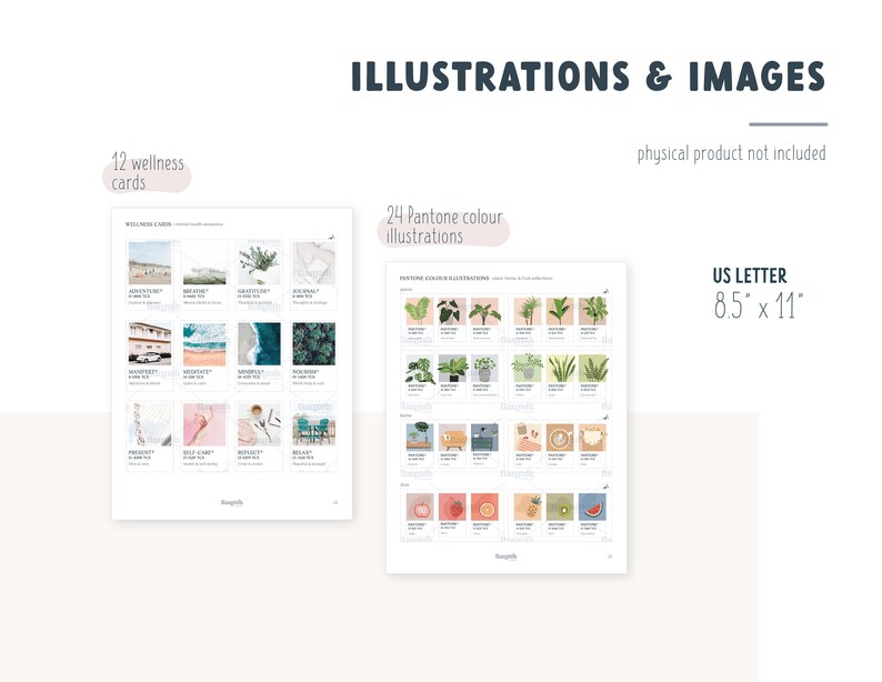May include: A set of 12 wellness cards and 24 illustrations in various Pantone colors. The cards feature phrases like "Present" and "Self-Care". The illustrations include plants, food, and other objects. The text "ILLUSTRATIONS & IMAGES" and "physical product not included" is at the top of the image. The text "US LETTER 8.5 x 11" is at the bottom right of the image.