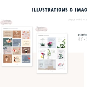 May include: A digital printable sheet with 12 wellness expressions and 9 positive affirmations. The illustrations include a woman sitting on a beach, a woman eating fruit, a woman meditating, a woman with a flamingo, a woman with a beach umbrella, a woman with a beach ball, a woman with a beach towel, a woman with a beach bag, a woman with a beach hat, a woman with a beach chair, a woman with a beach umbrella, and a woman with a beach ball. The affirmations include "I am a magnet for abundance", "I am grateful for all that I have", "I am worthy of love and happiness", "I am strong and capable", "I am loved and supported", "I am confident and successful", "I am healthy and vibrant", "I am happy and fulfilled", "I am grateful for all that I have". The sheet is designed for use in a planner or journal.