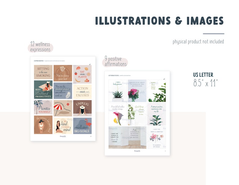 May include: A digital printable sheet with 12 wellness expressions and 9 positive affirmations. The illustrations include a woman sitting on a beach, a woman eating fruit, a woman meditating, a woman with a flamingo, a woman with a beach umbrella, a woman with a beach ball, a woman with a beach towel, a woman with a beach bag, a woman with a beach hat, a woman with a beach chair, a woman with a beach umbrella, and a woman with a beach ball. The affirmations include "I am a magnet for abundance", "I am grateful for all that I have", "I am worthy of love and happiness", "I am strong and capable", "I am loved and supported", "I am confident and successful", "I am healthy and vibrant", "I am happy and fulfilled", "I am grateful for all that I have". The sheet is designed for use in a planner or journal.