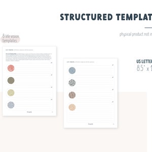May include: Two printable pages of life vision templates in US Letter size (8.5 x 11 inches). Each page features a different patterned circle design in shades of blue, red, brown, and beige. The pages are lined for writing.