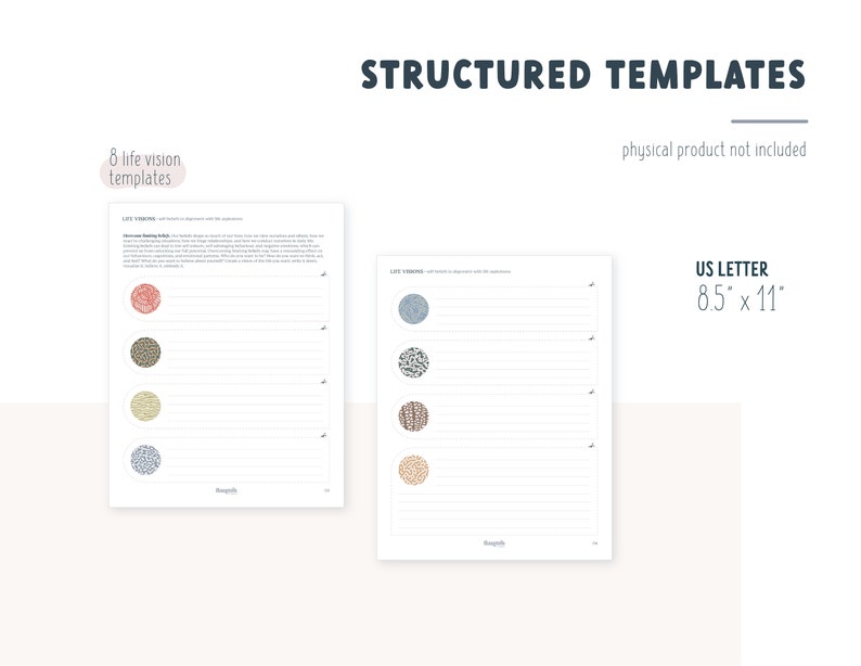 May include: Two printable pages of life vision templates in US Letter size (8.5 x 11 inches). Each page features a different patterned circle design in shades of blue, red, brown, and beige. The pages are lined for writing.