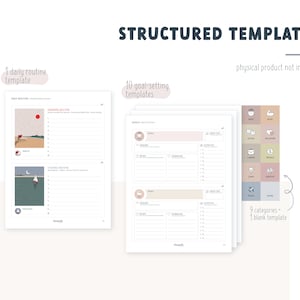 May include: A set of printable planner templates with illustrations of a sailboat, a red sun, and a moon. The templates include a daily routine planner and 10 goal-setting templates. The text "STRUCTURED TEMPLATES" is at the top of the image. The text "physical product not included" is at the top right of the image.