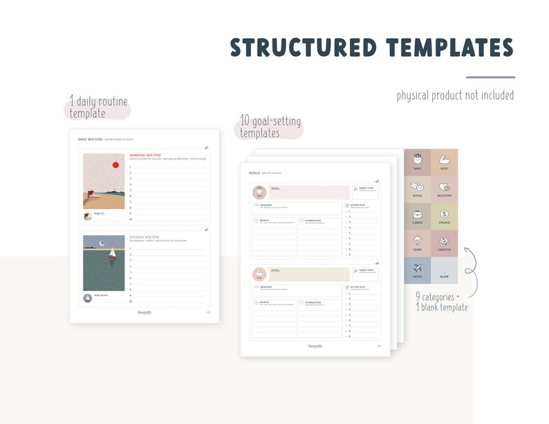 May include: A set of printable planner templates with illustrations of a sailboat, a red sun, and a moon. The templates include a daily routine planner and 10 goal-setting templates. The text "STRUCTURED TEMPLATES" is at the top of the image. The text "physical product not included" is at the top right of the image.