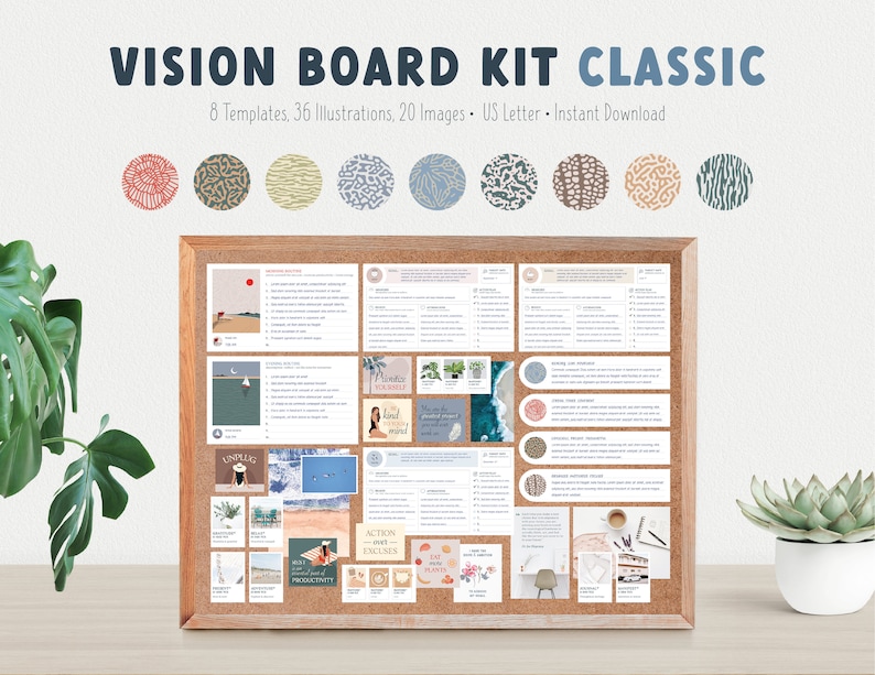 May include: A corkboard with a vision board kit. The kit includes 8 templates, 36 illustrations, 20 images, and is US Letter size. The corkboard is brown and has a wood frame. The vision board kit is made up of various cards with different designs and text. The text on the cards includes "Prioritize Yourself", "Action Not Excuses", and "Eat More Plants".