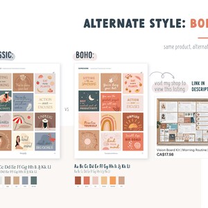 May include: A comparison of two styles of vision board kits, one in a classic style and the other in a boho style. Both kits feature a set of 16 cards with motivational phrases and illustrations. The boho style features a more colorful and whimsical design with illustrations of rainbows, stars, and plants. The classic style features a more minimalist design with illustrations of people and objects. The text on the cards includes phrases such as "Sitting is the new smoking", "Eat more plants", "Action over excuses", "Prioritize yourself", "Be kind to your mind", and "Small steps big goals".