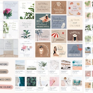 May include: A set of 36 colorful cards with motivational quotes and illustrations. The cards are divided into four categories: affirmations, expressions, wellness cards, and Pantone colors. The cards feature a variety of designs, including plants, flowers, and people.