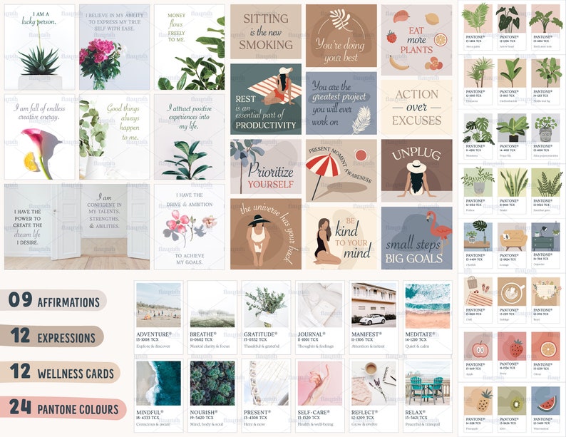 May include: A set of 36 colorful cards with motivational quotes and illustrations. The cards are divided into four categories: affirmations, expressions, wellness cards, and Pantone colors. The cards feature a variety of designs, including plants, flowers, and people.