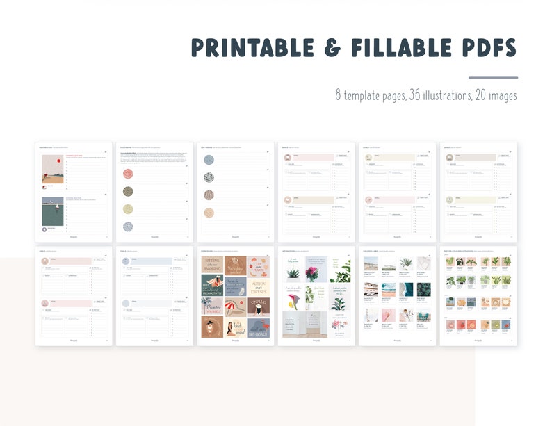 May include: Printable and fillable PDF templates with 8 pages, 36 illustrations, and 20 images. The templates feature a variety of designs, including floral, geometric, and abstract patterns.