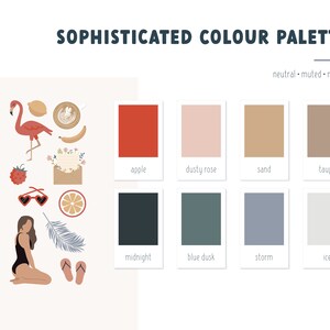 May include: A color palette featuring muted, neutral, and modern colors. The colors are named: apple, dusty rose, sand, taupe, midnight, blue dusk, storm, and ice.