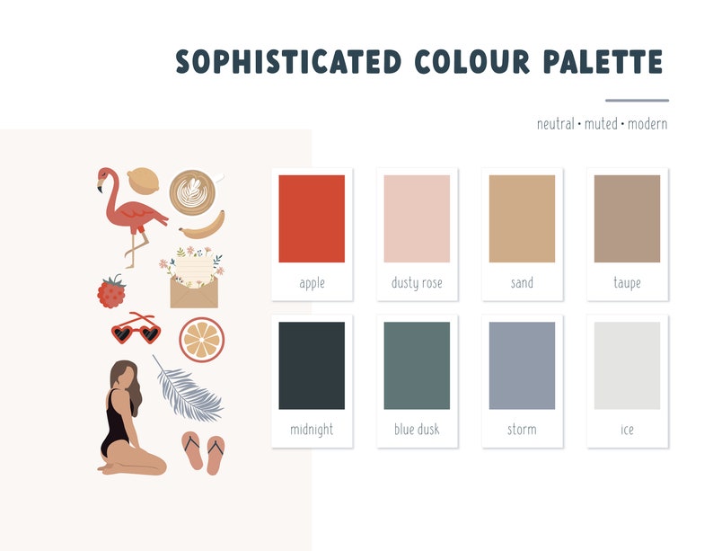 May include: A color palette featuring muted, neutral, and modern colors. The colors are named: apple, dusty rose, sand, taupe, midnight, blue dusk, storm, and ice.