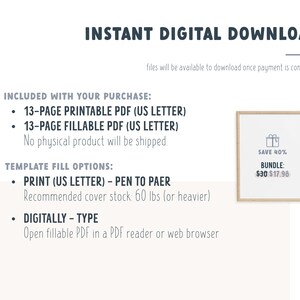 May include: A digital download listing for a 13-page printable and fillable PDF template in US Letter size. The template can be printed on 60lb paper or filled out digitally. A bundle discount is offered for $17.98.