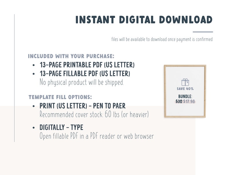 May include: A digital download listing for a 13-page printable and fillable PDF template in US Letter size. The template can be printed on 60lb paper or filled out digitally. A bundle discount is offered for $17.98.