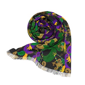 Mardi Gras fleur de lisa and masks party Holiday gift accessory Light Scarf with my art design. Fun Mardi Gras party ladies scarf.