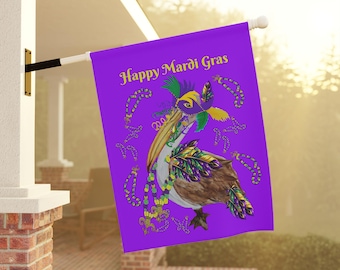 Pelican Mardi Gras Coastal House Flag – Beach Bar Yard Decor (2 Sided Print)