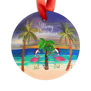 Tropical Christmas Ornament, Acrylic Holiday Decoration, Beach Theme Ornament, Merry Christmas Gift, Festive Tree Decor, Flamingo Ornament
