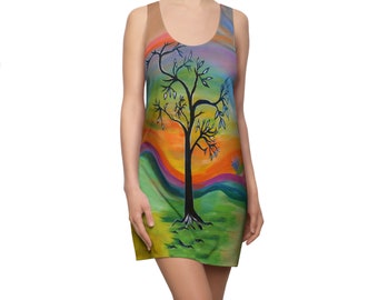 Retro tree neon dress coastal design Women's Cut & Sew Racerback Dress (AOP) Contemporary intuitive art ladies dress with my art.