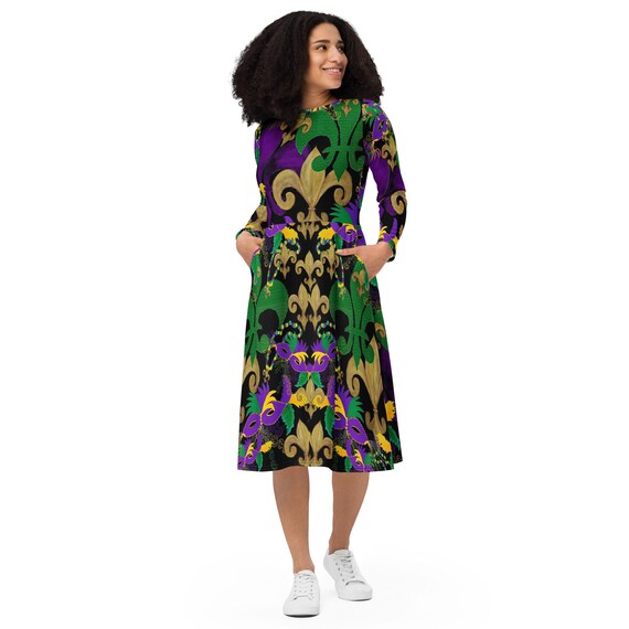 knee length dresses for ladies Mardi Gras Striped Panel Dress for Girls