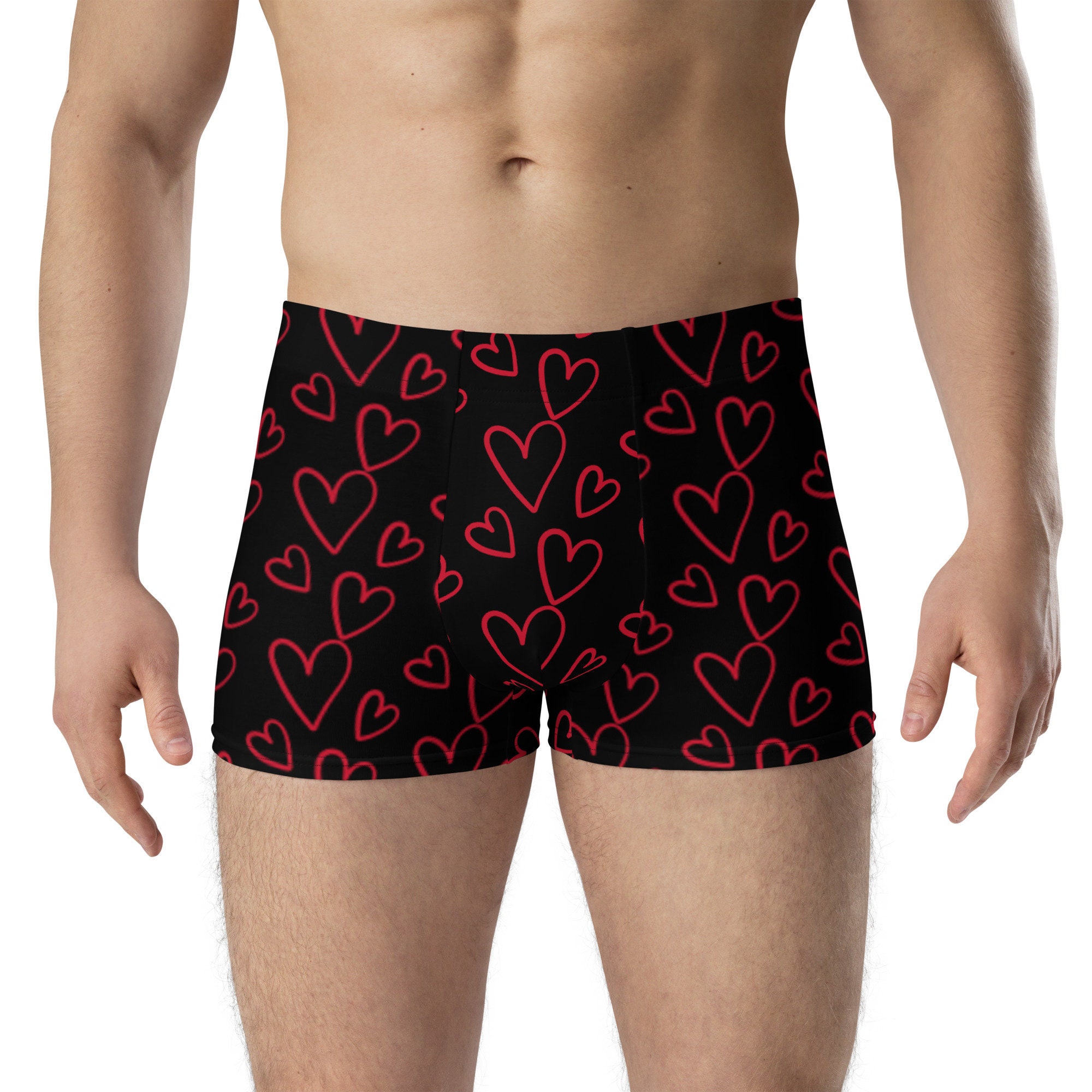 Men's Red Hearts on Black Boxer Briefs. Valentne Gift for Men. 