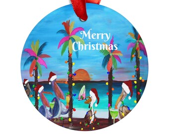 Santa pelicans cocktail party tropical Holiday Vibrant Christmas Acrylic Ornament. Secret Santa gift.
