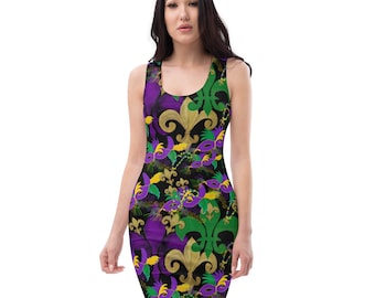 Mardi Gras Fitted Dress: Fleur de Lis & Masks Art Apparel