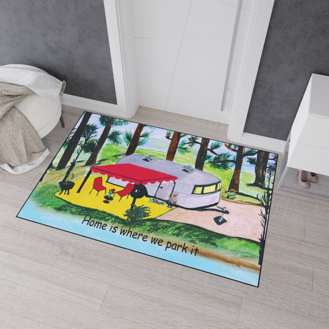 Retro Vintabe Airstream Camper by the Lake Rug Floor Mat for Indoor or