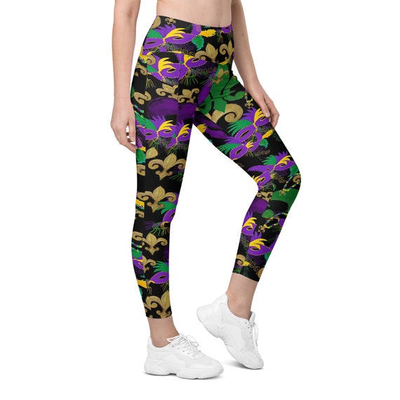 Mardi Gras Fleur De Lis and Masks on Black Leggings With Pockets From My Art. Etsy