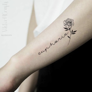 Euphoria Temporary Tattoo For Women-Euphoric Tattoo-Floral and Quote Tattoo For Girl-Small Vintage Rose Tattoo-Flower Tattoo Floral Gift