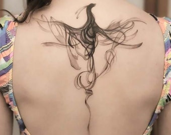 Black Phoenix Temporary Tattoo | Silk Phoenix Fake Tattoo | Bird Decals for Girls | Flying Bird Tattoo | Tattoo Lover Gift | Phoenix Tattoo