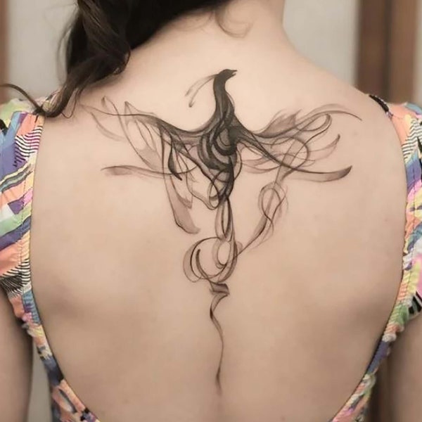 Tatouage temporaire phénix noir | Faux tatouage Phoenix en soie | Stickers oiseaux pour fille | Tatouage d'oiseau volant | Cadeau pour amateur de tatouage | Tatouage Phénix