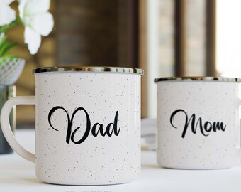 Mom and Dad Stainless Steel Enamel Mug, Family Campfire Mug, Coffee Cup Engagement Gift, Becoming Parents Camper Mug, Custom Adventure Cup