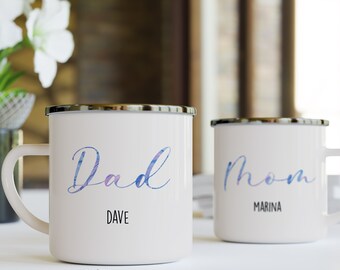 Mum & Dad Enamel Camping Mug, Mom and Dad Est 2023 Couple Mug, Gift Ideas For Camper, Birth Announcement Gift For New Mom and Dad Camper Mug