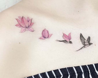 Blooming Lotus With Hummingbird Temporary Tattoo For Women-Floral And Bird Fake Tattoo-Lotus And Swallow Tattoo-Flying Hummingbird Tattoo