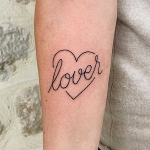 Lover Tattoo In A Linear Heart - Skin Decals - Custom Text Heart Sticker For Girl - Small Vintage Heart Tattoo - Heart Temporary Tattoo