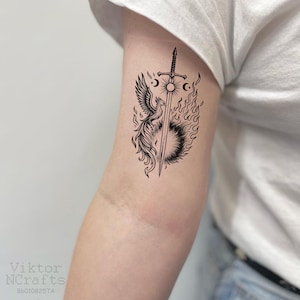 Sword And Phoenix Tattoo Design-Sword Tattoo Designs-Temporary Tattoo For Women-Waterproof Fake Tattoo-Phoenix Sword Tattoorary