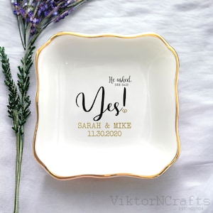 He Asked She Said Yes Jewelry Dish-Wedding Announcements Gifts For Friends-Personalized Wedding Anniversary Ring Dish-Bride And Groom Gift