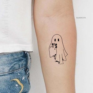 Tiny Ghost And Flowers Temporary Tattoo, Tiny Ghost Tattoo, Cute Ghost Tattoo For Halloween Party, Halloween Gift, Halloween Tattoo Sticker