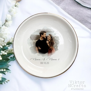 Porte-plateau pour portrait de couple aquarelle personnalisé - Bague de date de mariage personnalisée - Cadeaux d&#39;anniversaire de mariage pour femme - Porte-bijoux photo