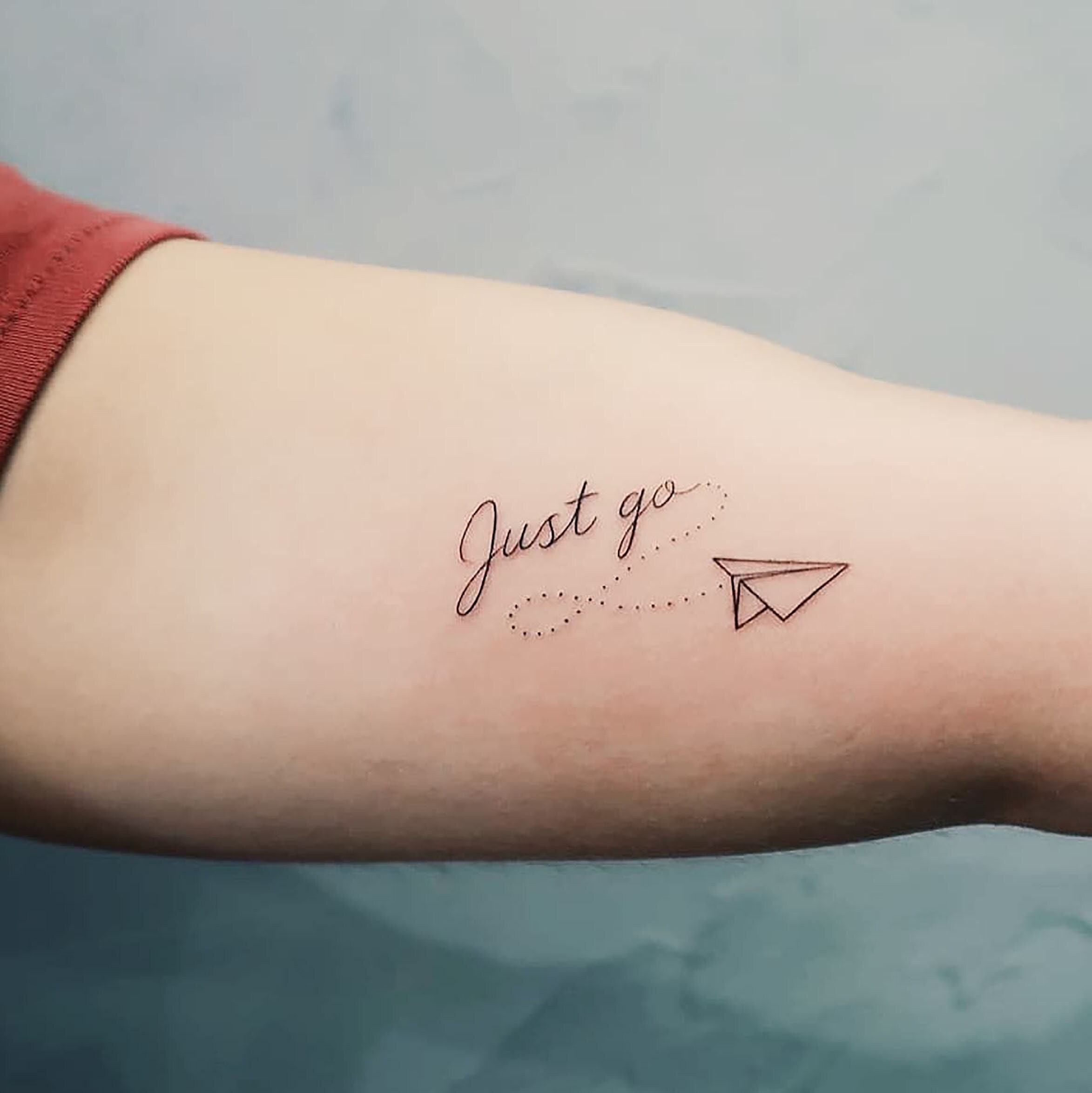 Just Go and A Tiny Paper Plane Tattoo - Typography Temporary Tattoo - Quote  Fake Sticker - Lettering Skin Decals - Minimalist Tattoo Design