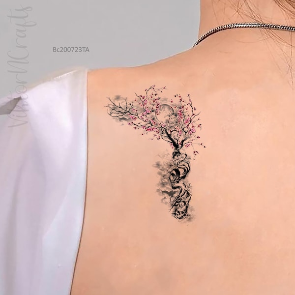 Cherry Blossom Temporary Tattoo Sticker-Peach Blossom Tattoo-Moon Tattoo-Waterproof Removable Fake Tattoo Gift-Floral Gift-Flower Tattoo