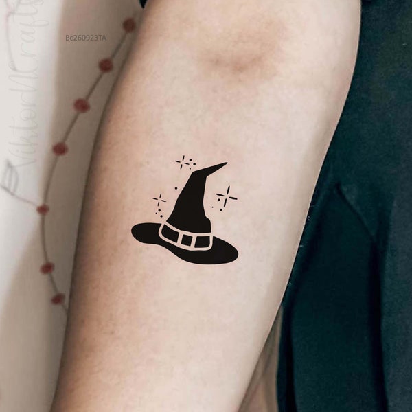 Wicked Witch Hat Temporary Tattoo, Black Witch Hat Tattoo, Spooky Witch Tattoo For Halloween Party, Halloween Gift, Halloween Tattoo Sticker