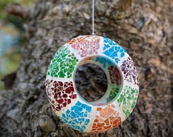 ON SALE! Small Mosaic Glass Bird Feeder - Retro Stripe