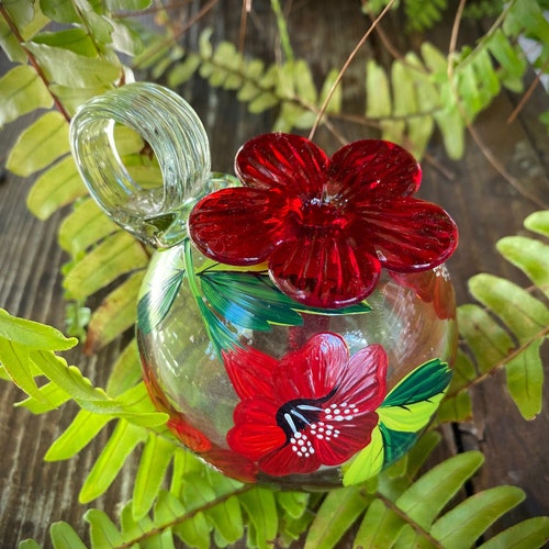 Glass Hummingbird Feeder Red Hibiscus Flower Etsy