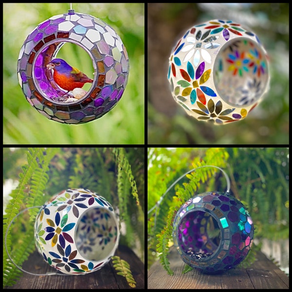 Round Glass Mosaic Fly-Through Bird Feeder - choose your favorite!