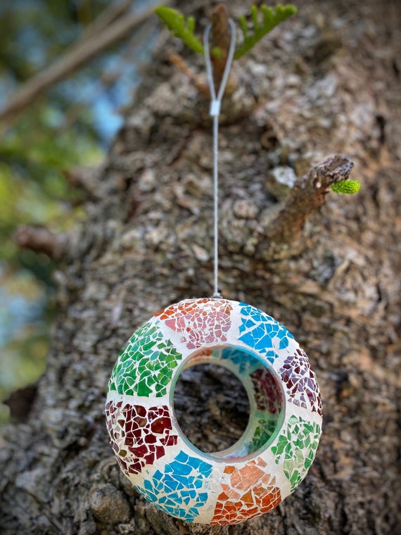 ON SALE! Small Mosaic Glass Bird Feeder - Retro Stripe
