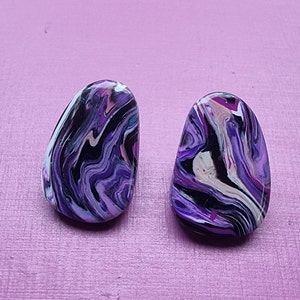 Marble effect, purple pebble shaped earrings. Made from polymer clay and resin